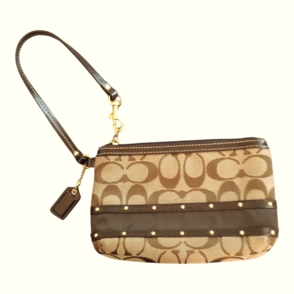 Coach Large Studded Signature Wristlet Signature With Brown Patent Leather Trim